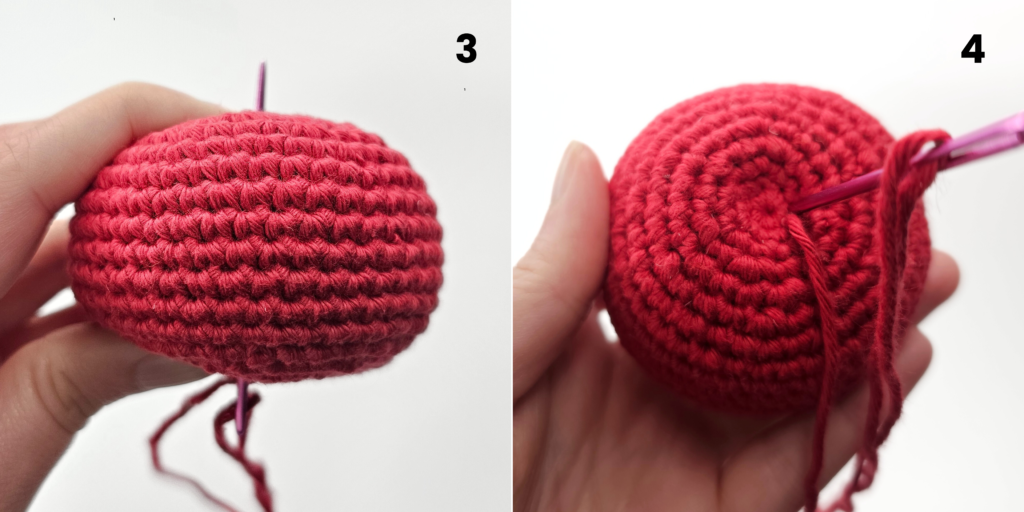 Shaping a crocheted amigurumi tomato. Free crochet pattern with images.