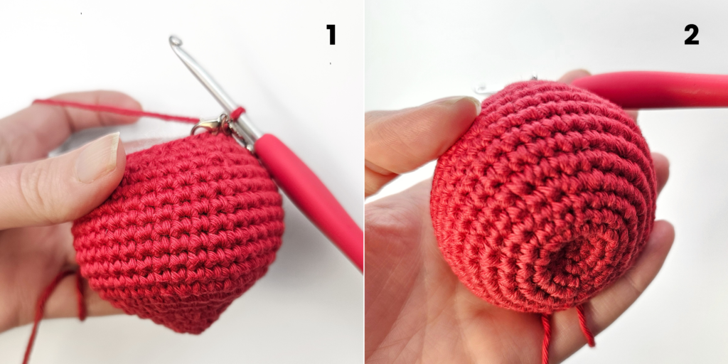 Crocheting an amigurumi tomato. Free crochet pattern.