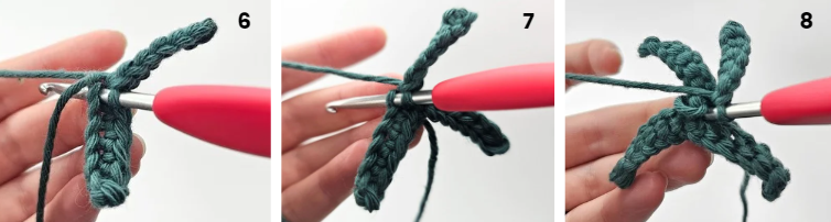 Steps for crocheting the stem and leaves for an amigurumi tomato. Free crochet pattern.