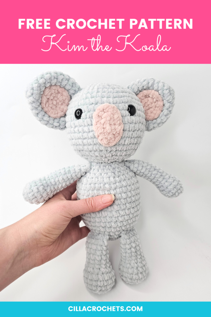 Kim the Koala - Free Koala Crochet Pattern. Easy level crochet pattern using Chunky Chenille yarn. Save this free koala crochet pattern for later by pinning to pinterest with this image.