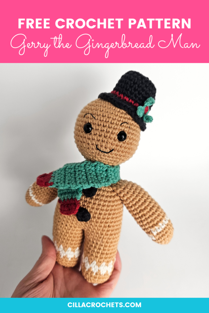 Gingerbread Man free crochet pattern by Cilla Crochets. Pin this free crochet pattern for later.